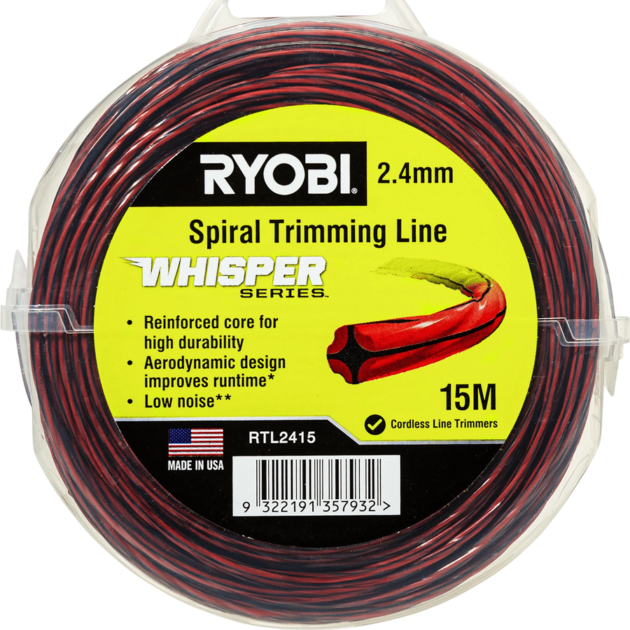 Ryobi Whisper Series Trimmer Line 2.4mm x 15m - Green Quiet Nylon Line for Line Trimmers