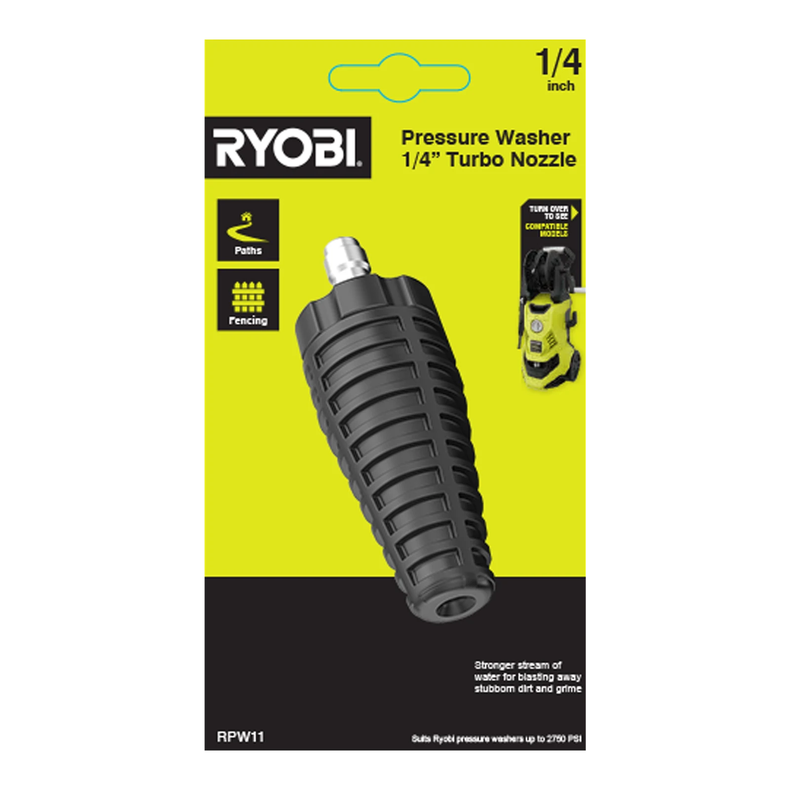 Ryobi 1/4" Turbo Nozzle - Rotating Pressure Washer Attachment for Concrete & Driveways