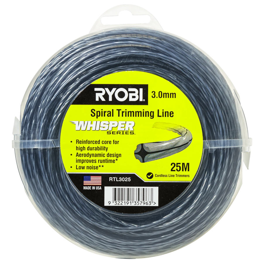 Ryobi Whisper Series Trimmer Line 3mm x 25m - Green Nylon Quiet Line for Line Trimmers