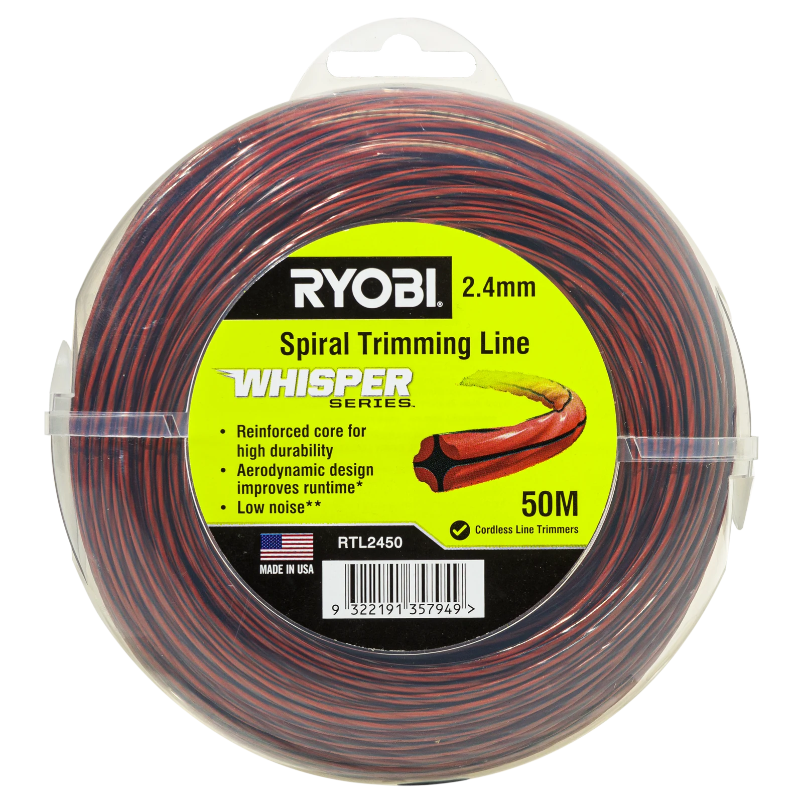 Ryobi Whisper Series Trimmer Line 2.4mm x 50m - Nylon Quiet Line for Line Trimmers