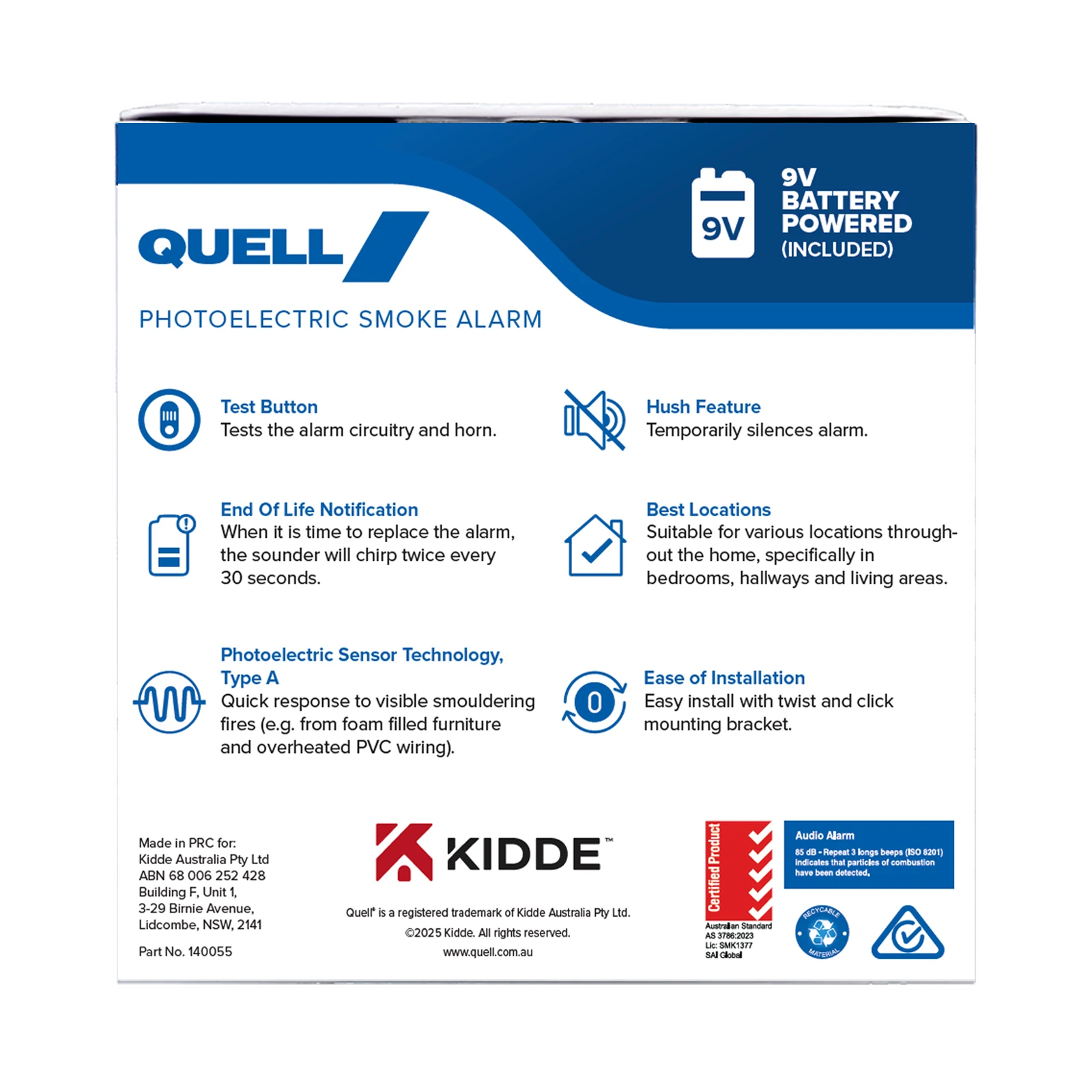 Quell Q501 9V Photoelectric Smoke Alarm Trade Box 140055