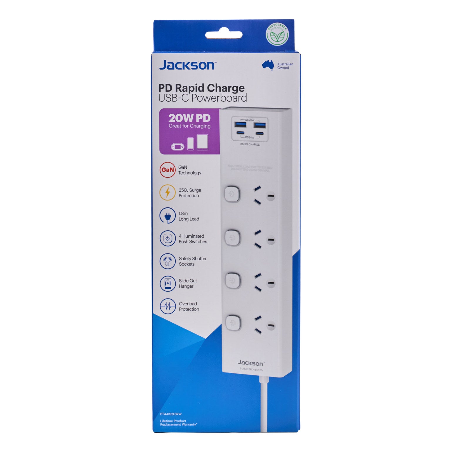 Jackson 4 Outlet Powerboard 4 Individual Switches USB-A/USB-C PD20W White PT44IS20WW