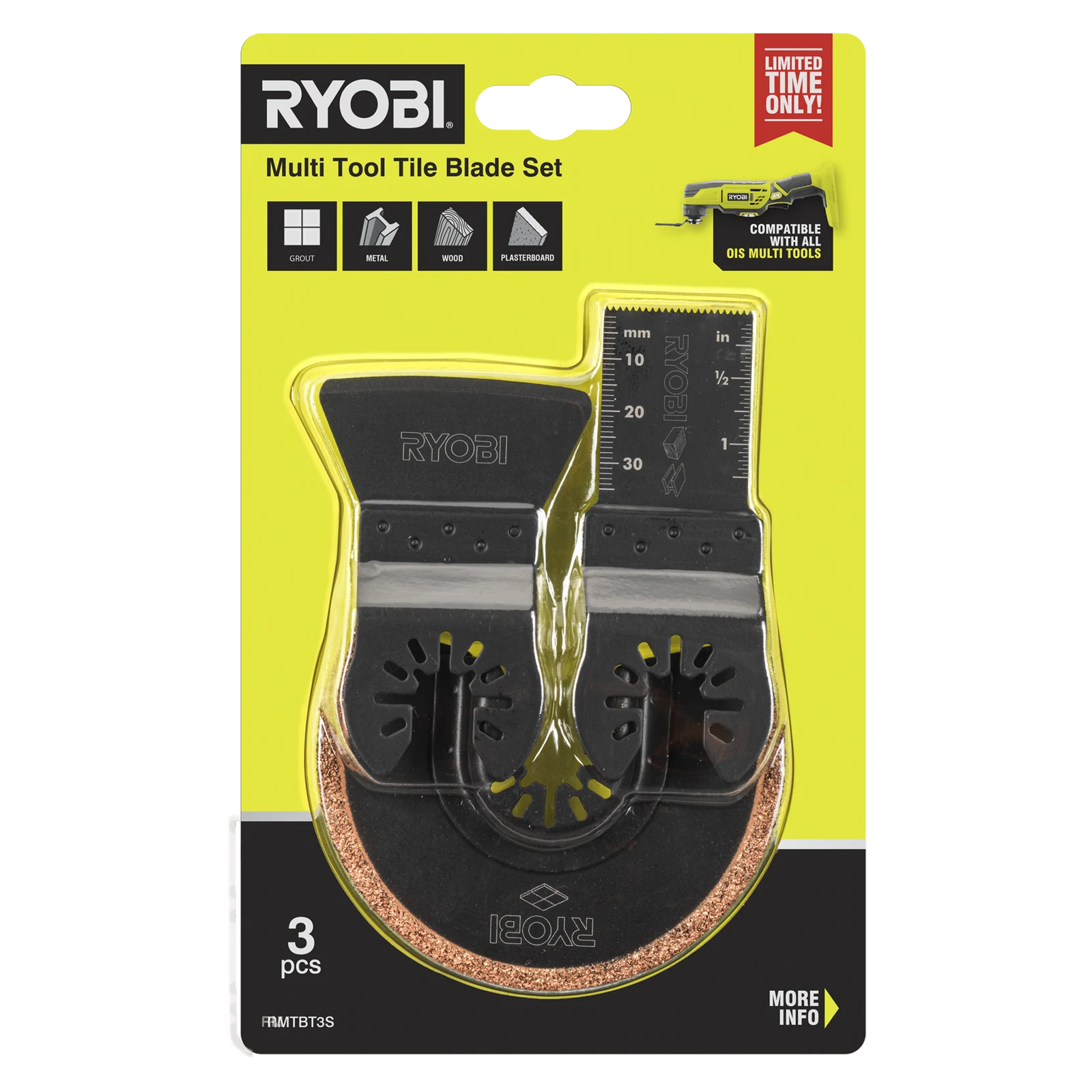 Ryobi 3 Piece Multi Tool Tile Blade Set RMTBT3S Grout, Plunge & Scraper