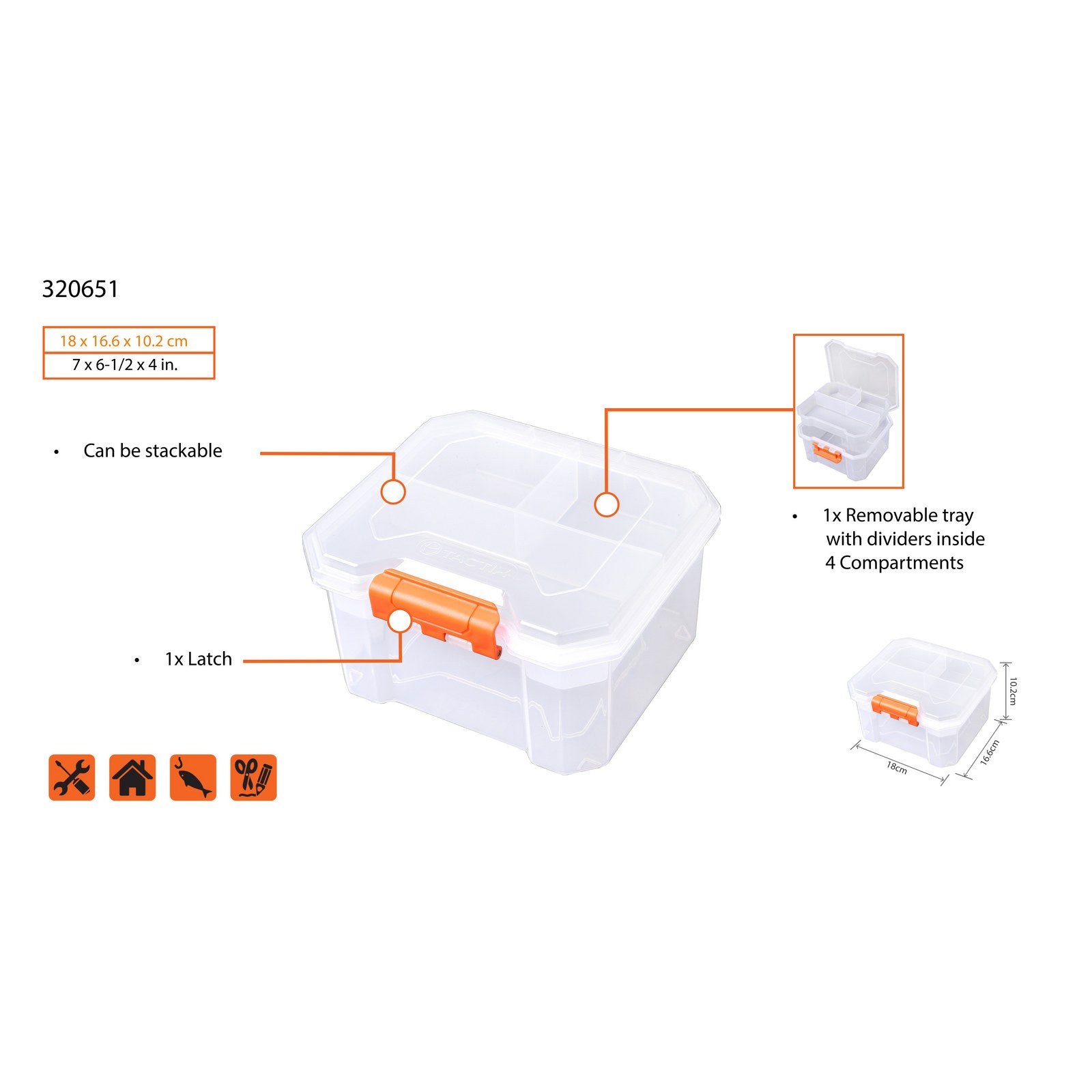 Tactix 180 x 166 x 102mm 4 Compartment Deep Storage Box, Removable Tray
