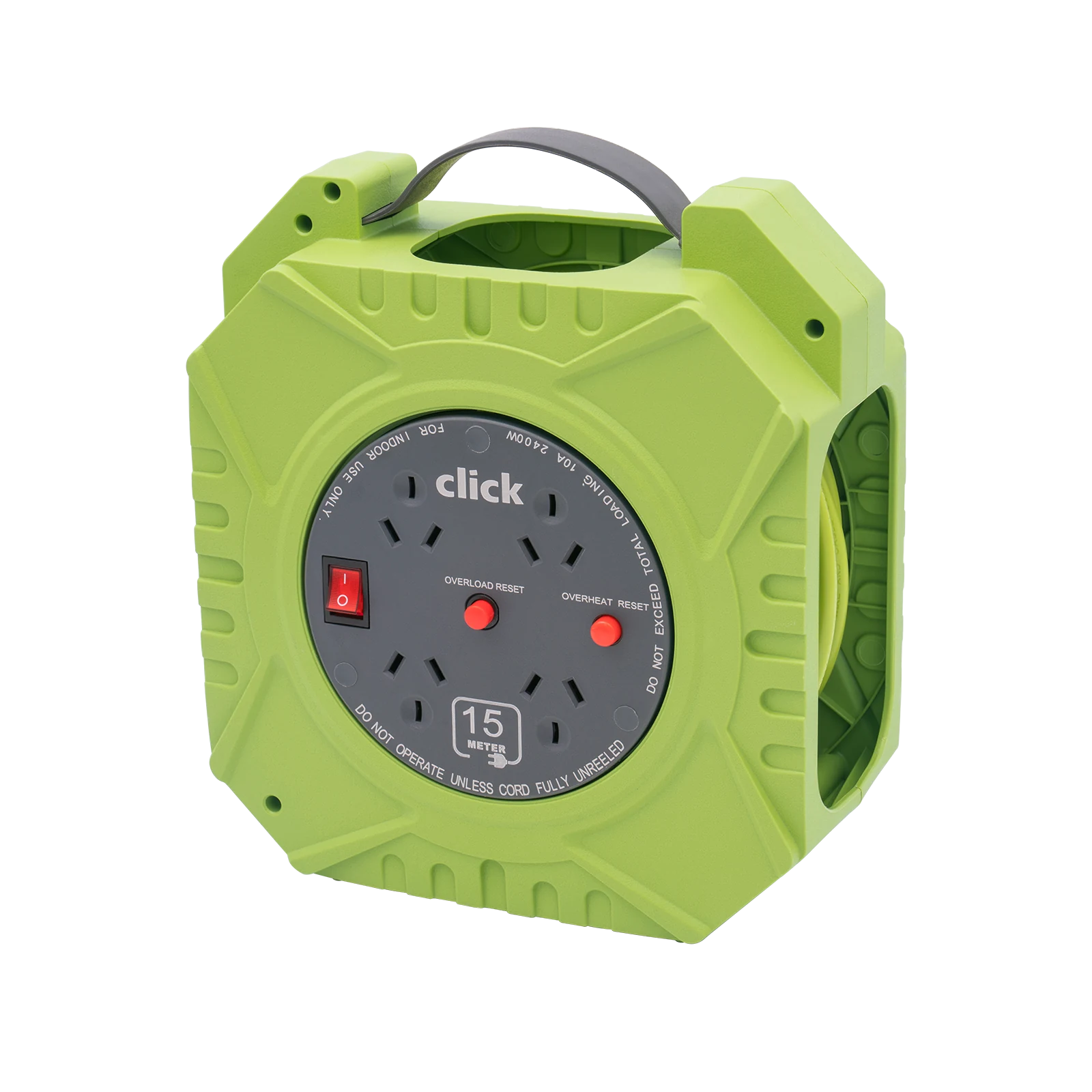 Click 15m Green and Grey Domestic 4 Outlet Cable Reel CN104U-GR 10A 2400W