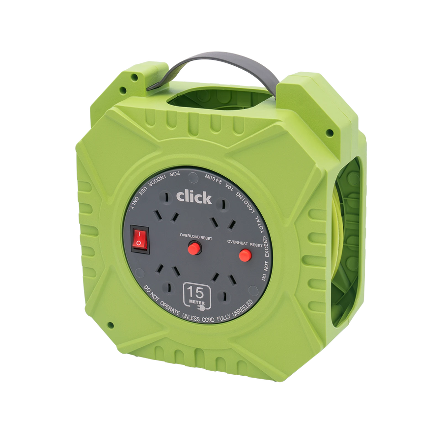 Click 15m Green and Grey Domestic 4 Outlet Cable Reel CN104U-GR 10A 2400W