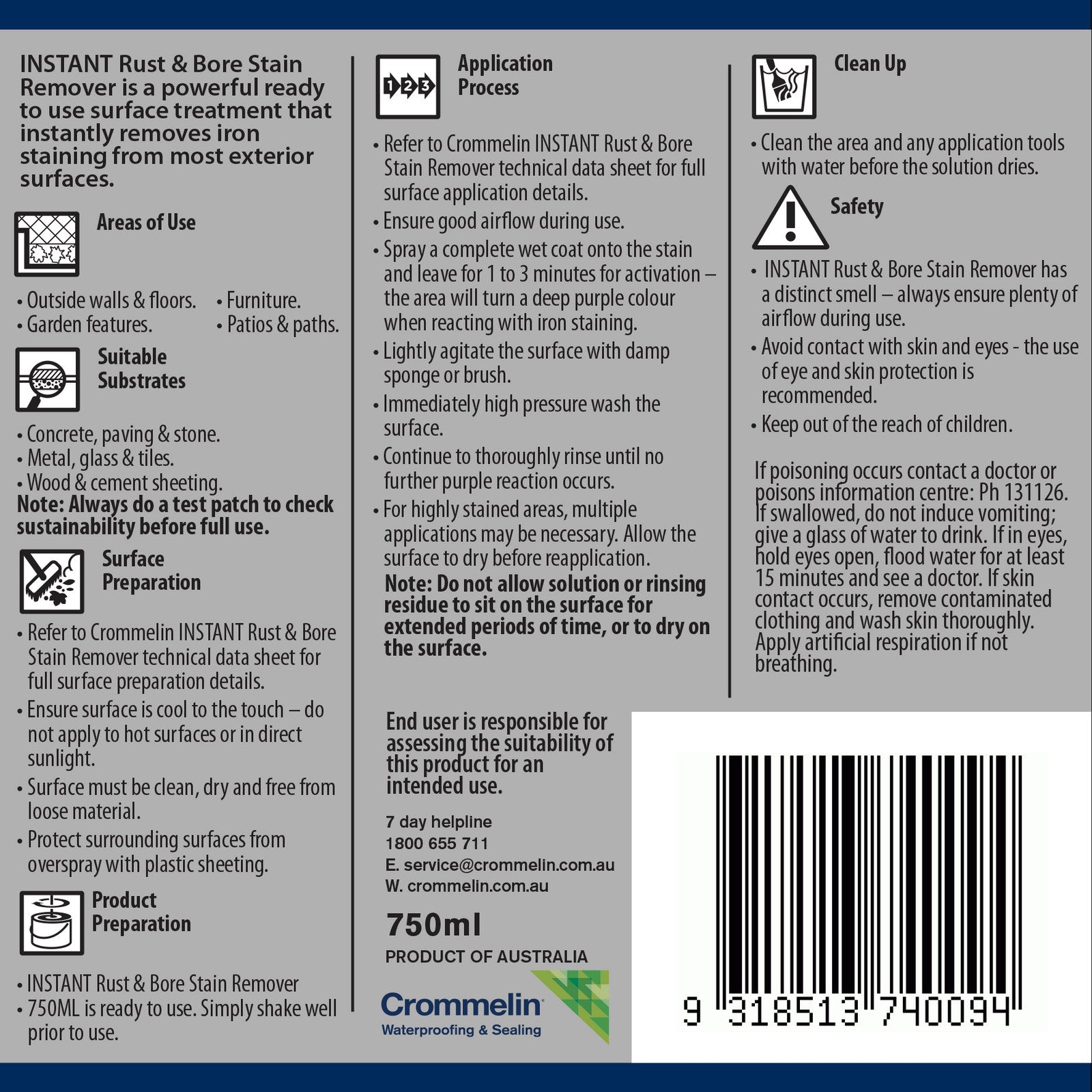 Crommelin 750ml Instant Rust and Bore Stain Remover - Spray On Spray Off
