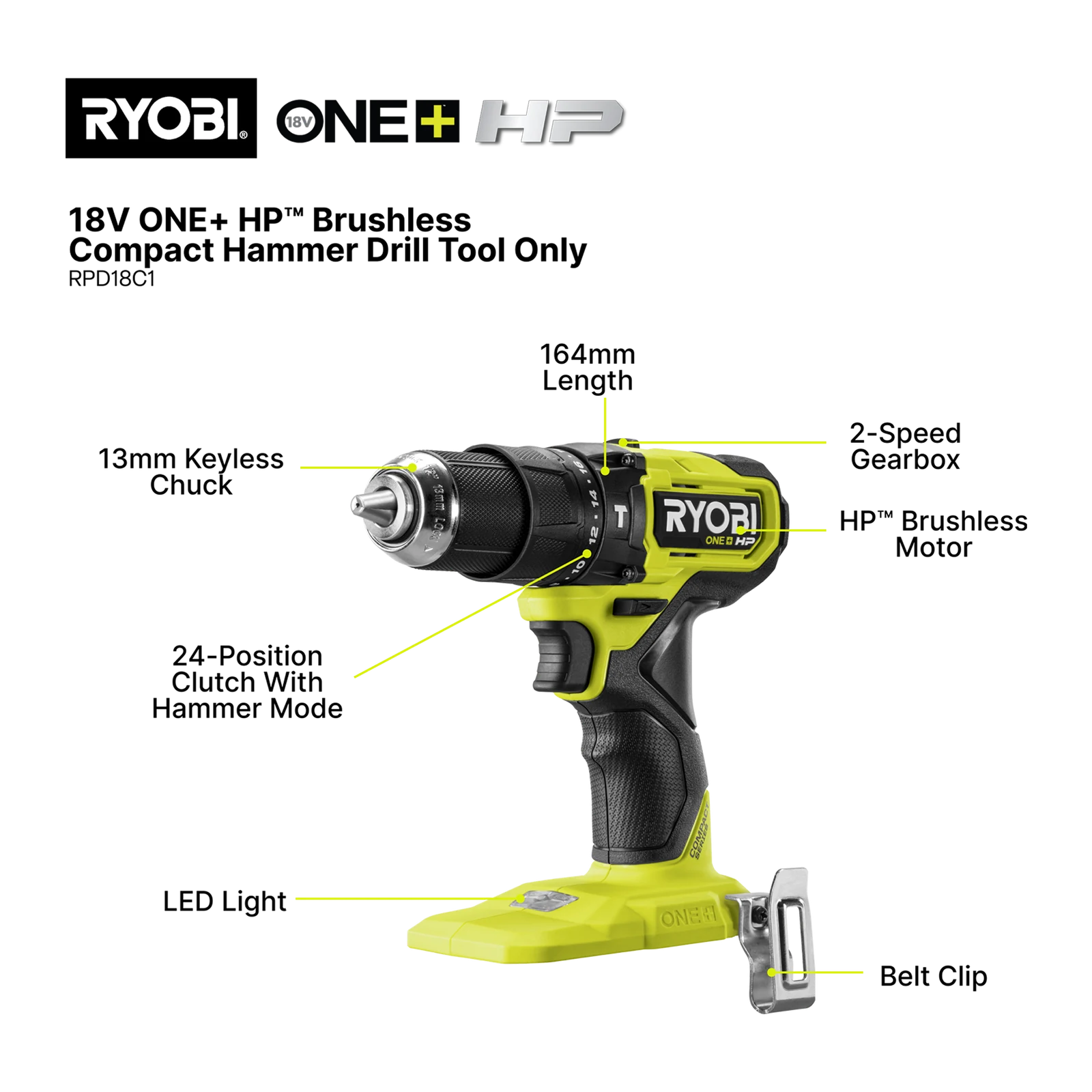 Ryobi 18V ONE+ HP Brushless Compact Hammer Drill Tool Only RPD18C1