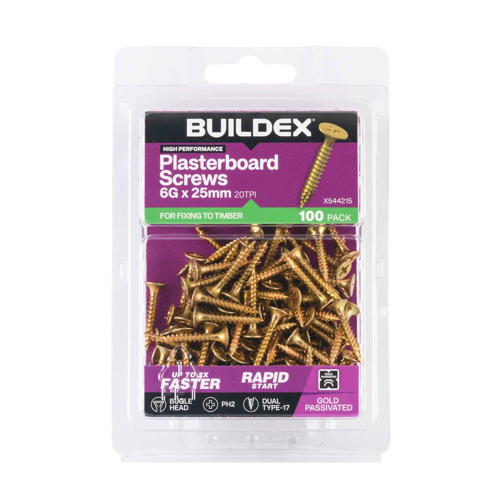 Buildex 6G x 25mm Gold Passivated Bugle Head Plasterboard Screws, 100 Pack