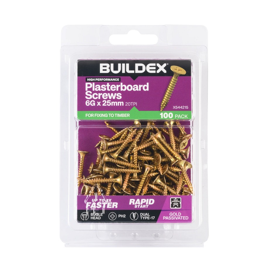 Buildex 6G x 25mm Gold Passivated Bugle Head Plasterboard Screws, 100 Pack