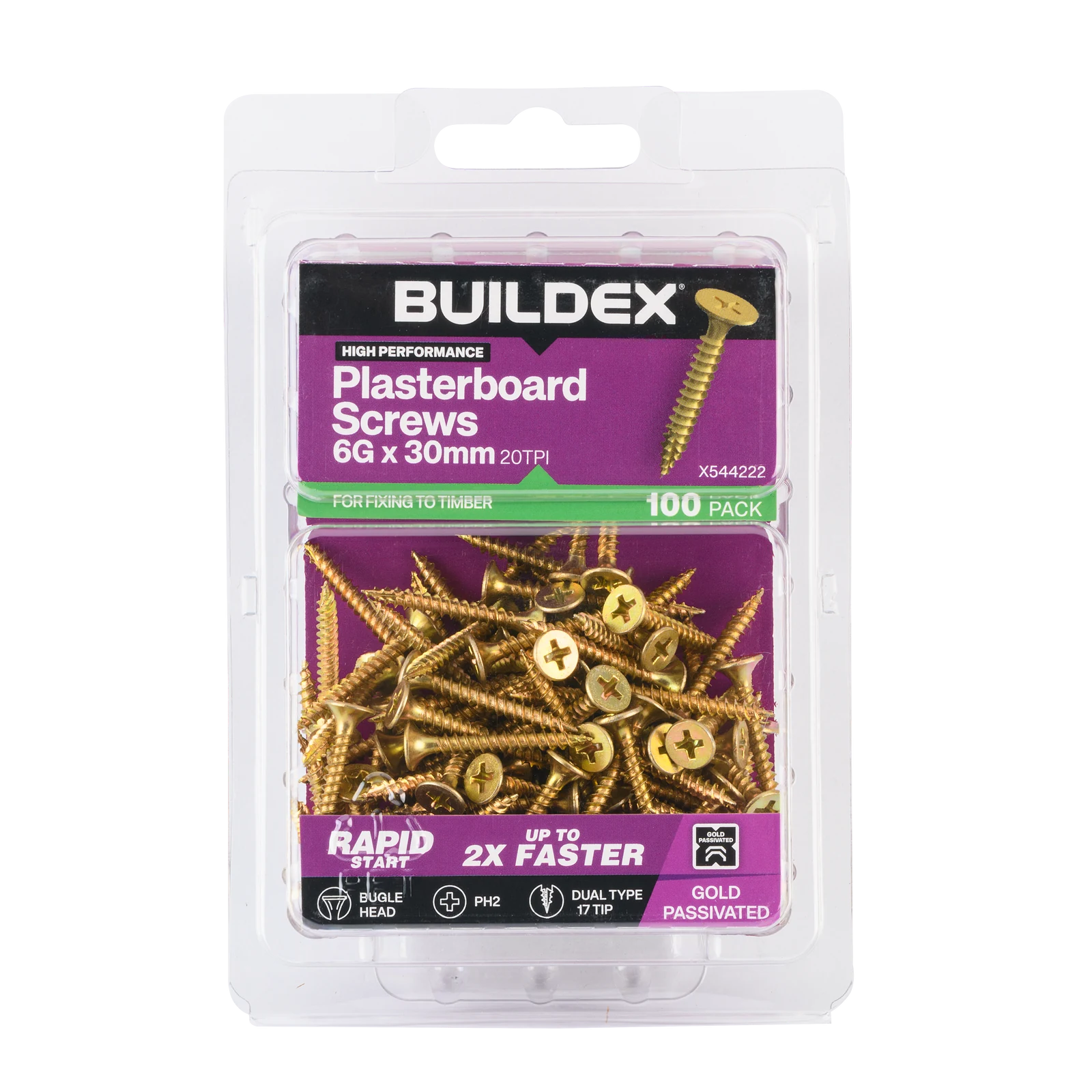Buildex 6G x 30mm Gold Passivated Bugle Head Plasterboard Screws, 100 Pack