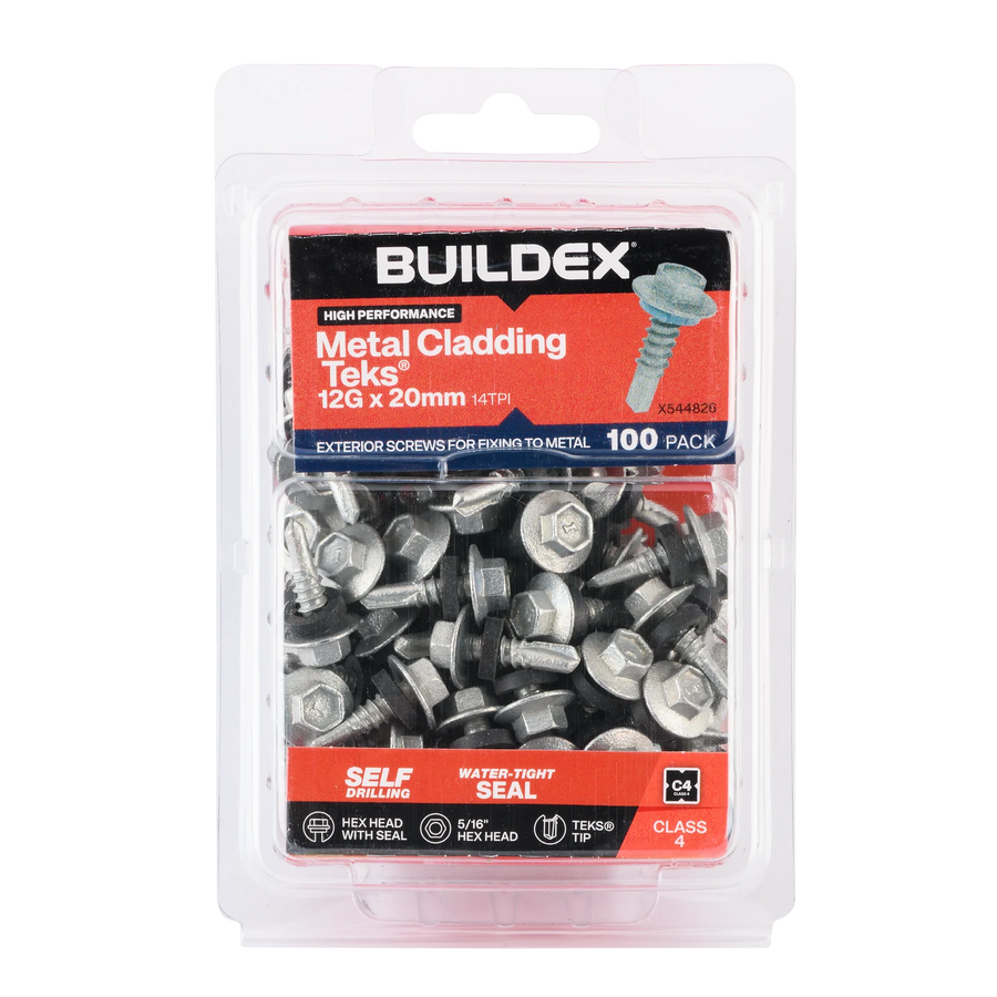 Buildex 12G x 20mm Class 4 Metal Cladding Hex Head TEKS Screws with Seal, 100 Pack