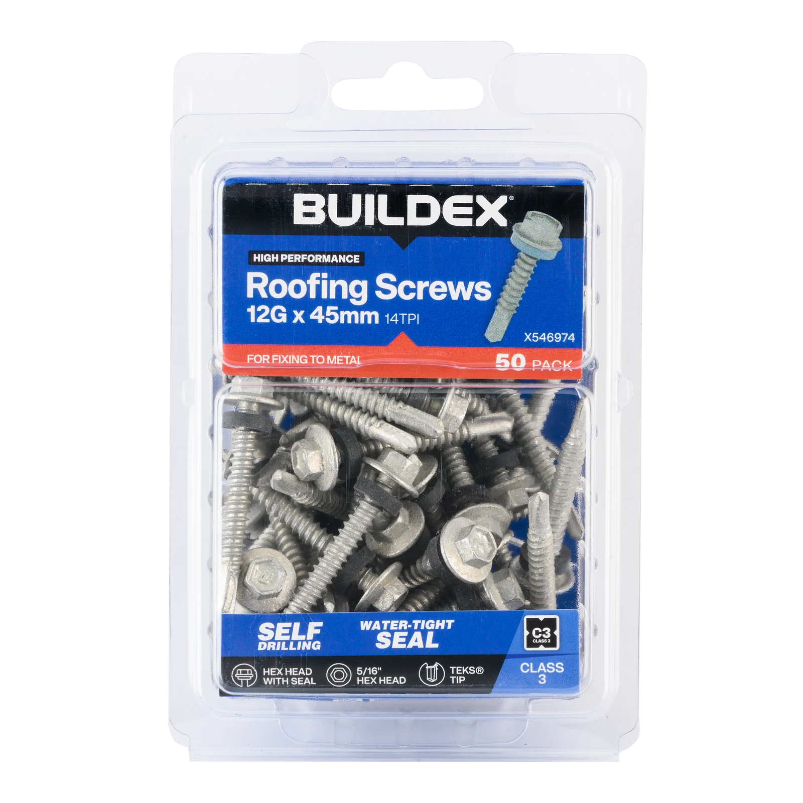 Buildex 12G x 45mm Class 3 Roofing TEKS Screws with Seal, Hex Head - 50 Pack