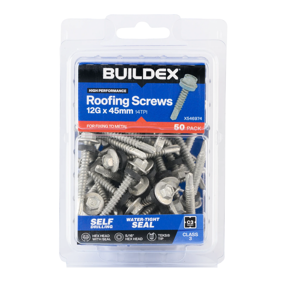 Buildex 12G x 45mm Class 3 Roofing TEKS Screws with Seal, Hex Head - 50 Pack