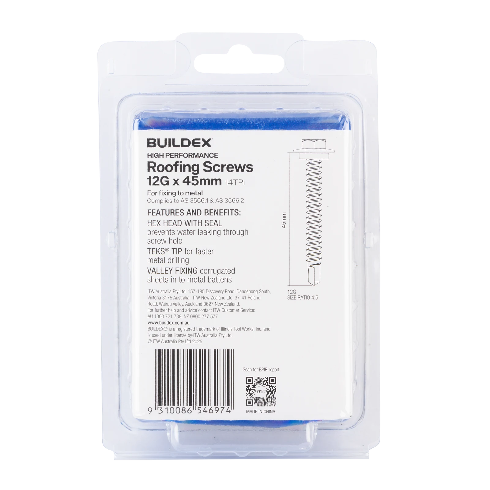 Buildex 12G x 45mm Class 3 Roofing TEKS Screws with Seal, Hex Head - 50 Pack