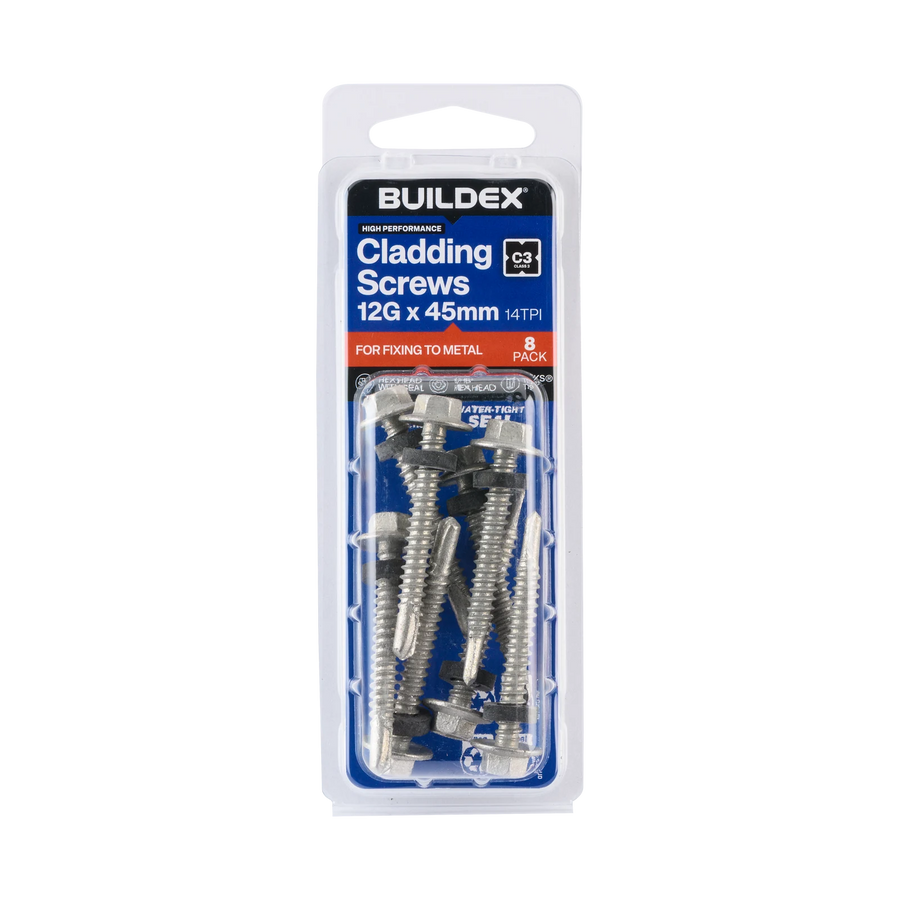 Buildex 12G x 45mm Class 3 Hex Head TEKS Cladding Screws with Seal - 8 Pack