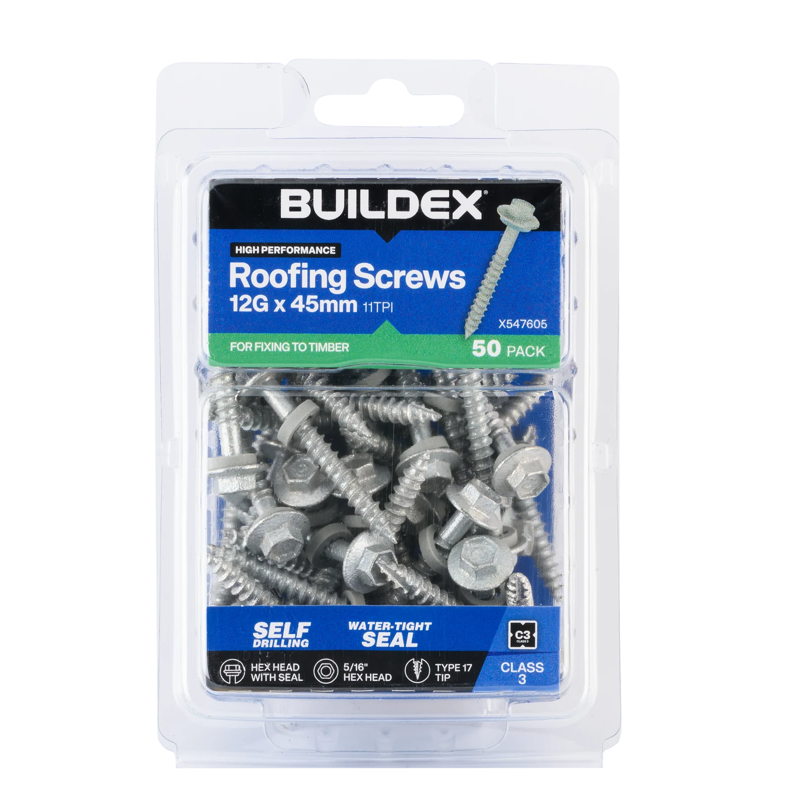 Buildex 12G x 45mm Class 3 Roofing Screws with Seal, Type 17 Hex Head - 50 Pack