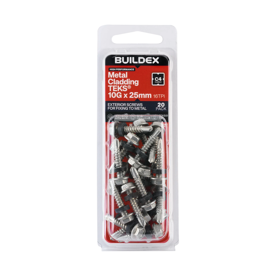 Buildex 10G x 25mm Class 4 Metal Cladding TEKS Screws with Seal, Hex Head - 20 Pack