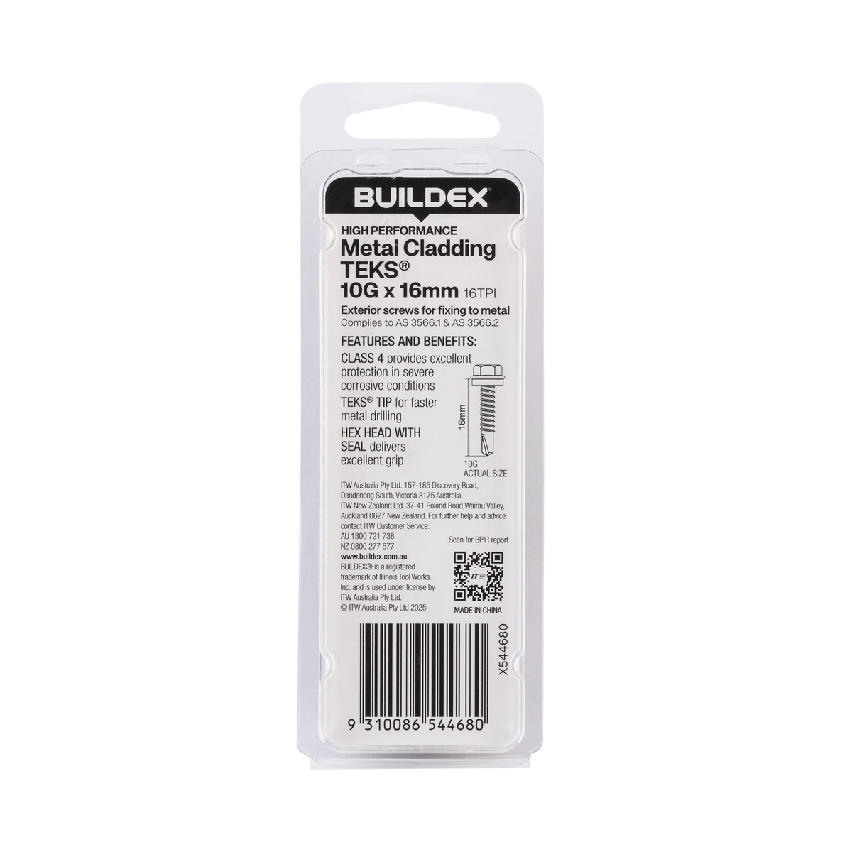 Buildex 10G x 16mm Class 4 Metal Cladding TEKS Screws with Seal, Hex Head - 20 Pack