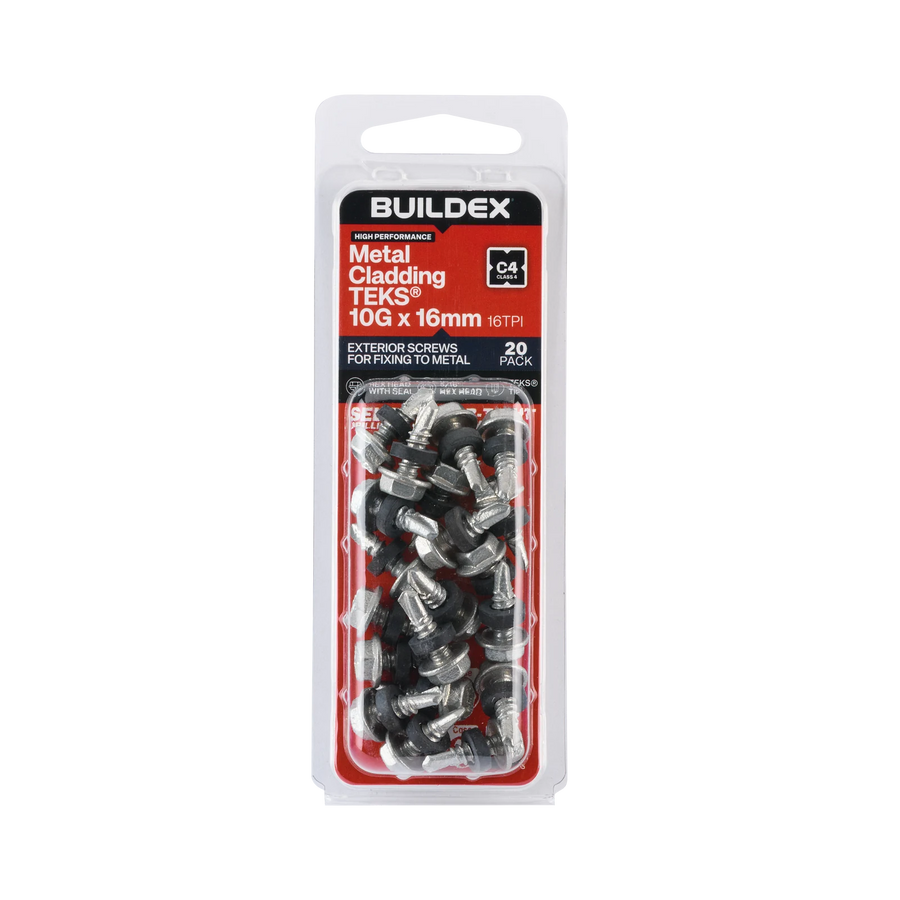 Buildex 10G x 16mm Class 4 Metal Cladding TEKS Screws with Seal, Hex Head - 20 Pack