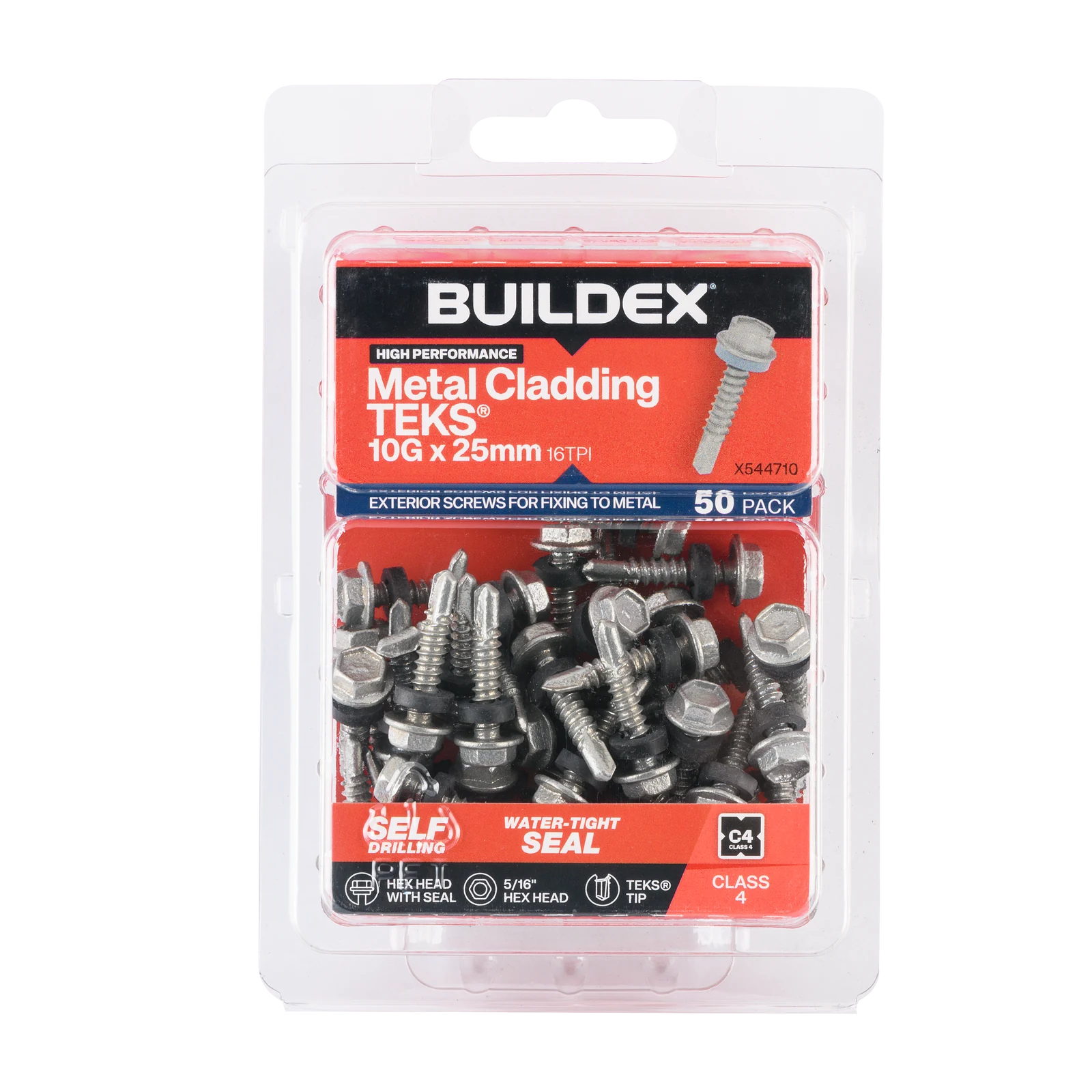Buildex 10G x 25mm Class 4 Metal Cladding TEKS Screws with Seal - 50 Pack