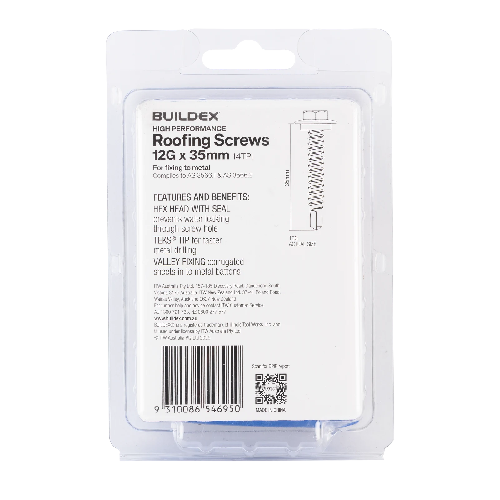 Buildex 12G x 35mm Class 3 Roofing TEKS Screws with Seal, Hex Head - 50 Pack