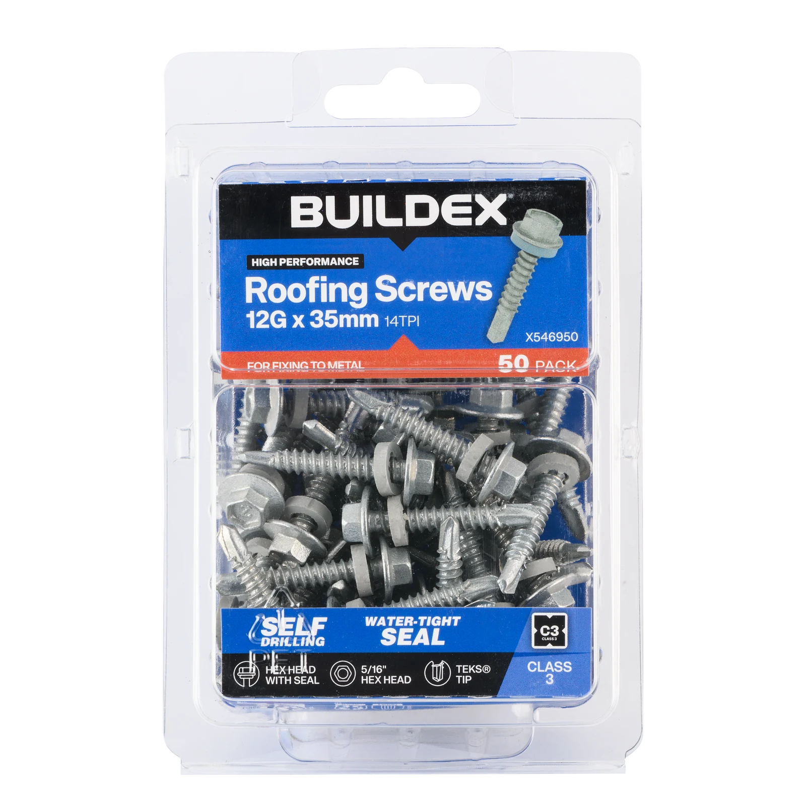 Buildex 12G x 35mm Class 3 Roofing TEKS Screws with Seal, Hex Head - 50 Pack