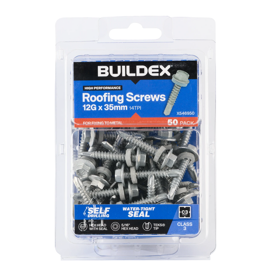 Buildex 12G x 35mm Class 3 Roofing TEKS Screws with Seal, Hex Head - 50 Pack