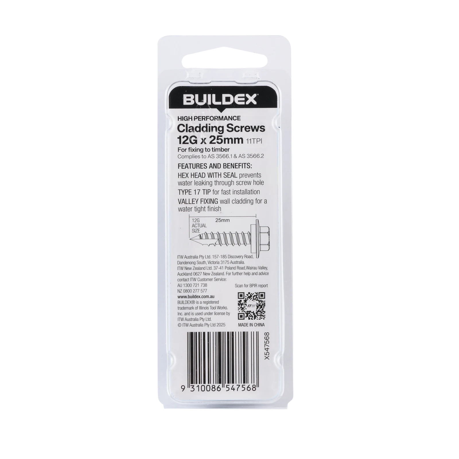 Buildex 12G x 25mm Class 3 Cladding Screws with Seal, Type 17 Hex Head - 15 Pack
