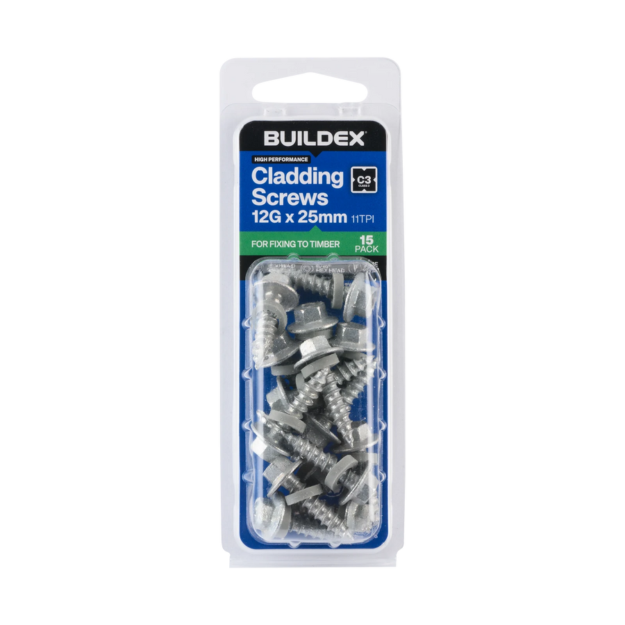 Buildex 12G x 25mm Class 3 Cladding Screws with Seal, Type 17 Hex Head - 15 Pack