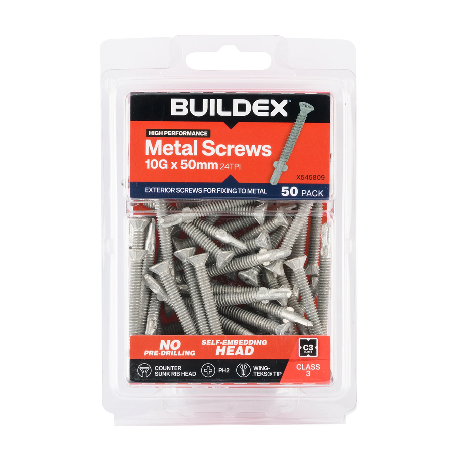 Buildex 10G x 50mm Class 3 Sheet Metal Screws, Countersunk Rib Head WING TEKS - 50 Pack