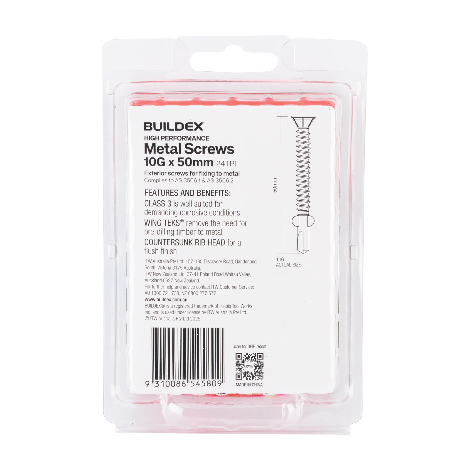 Buildex 10G x 50mm Class 3 Sheet Metal Screws, Countersunk Rib Head WING TEKS - 50 Pack