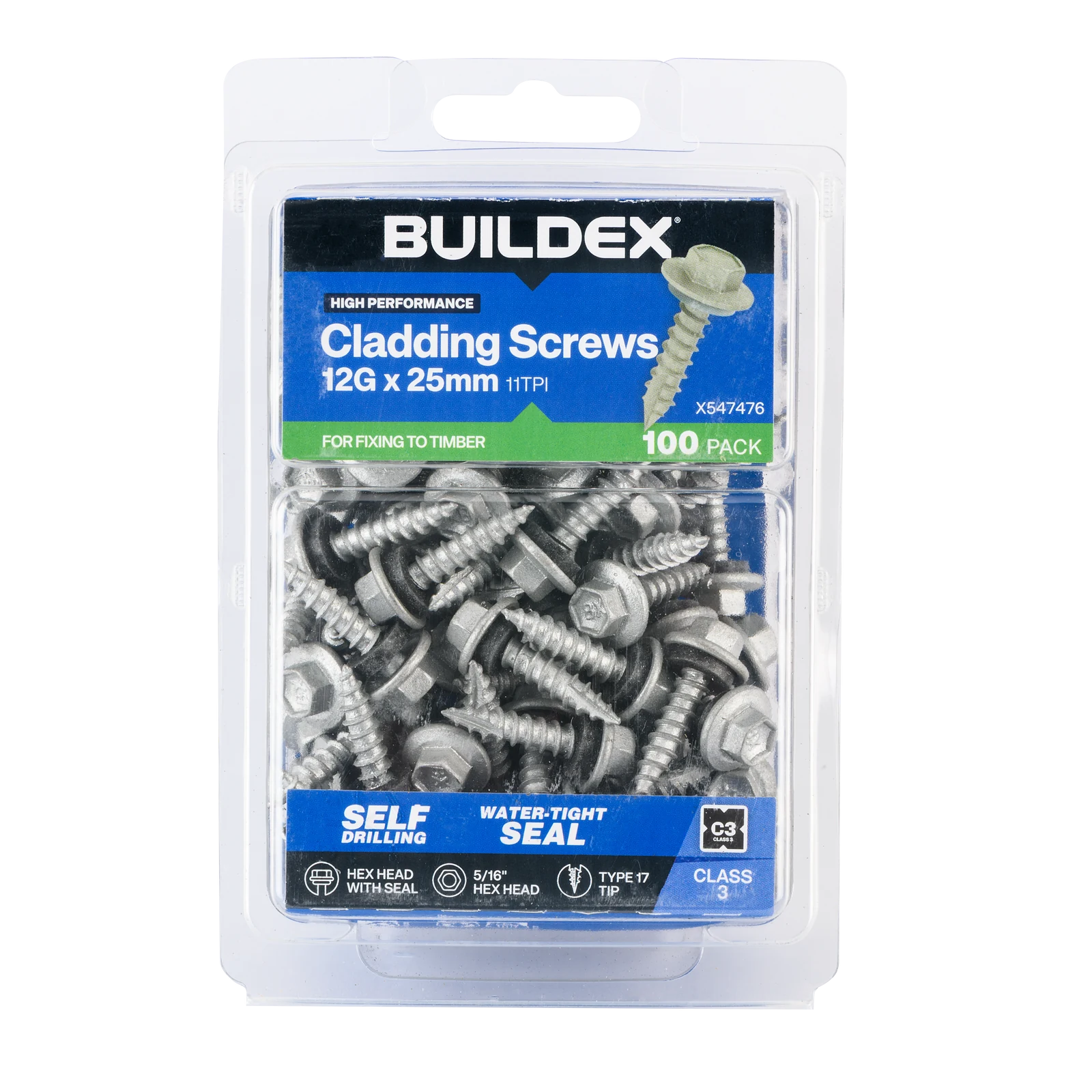 Buildex 12G x 25mm Class 3 Cladding Screws with Seal, Type 17 Hex Head - 100 Pack