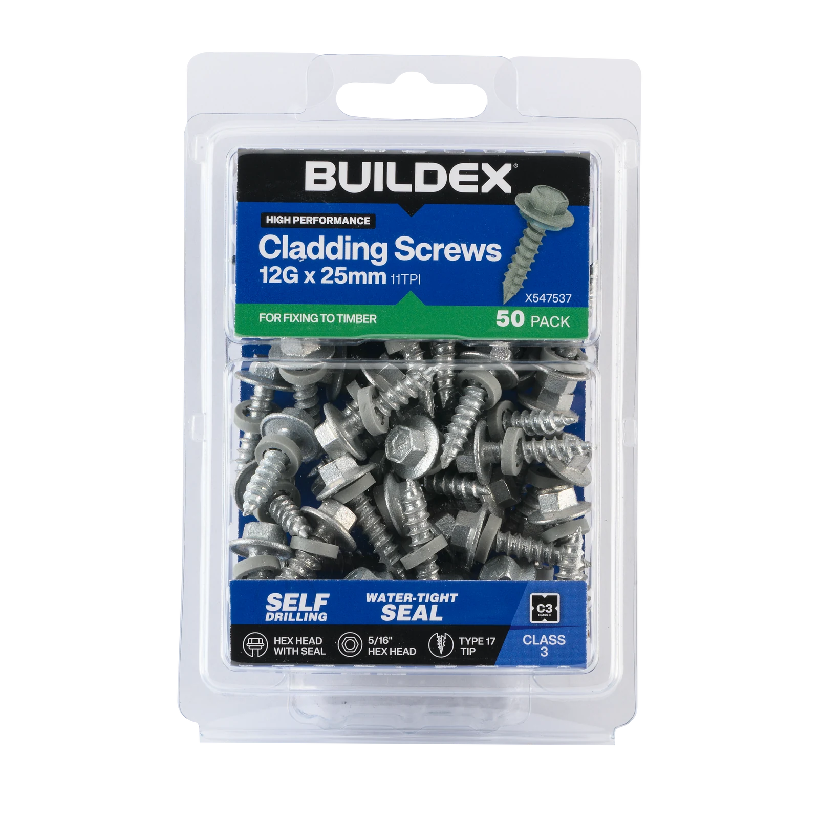 Buildex 12G x 25mm Class 3 Cladding Screws with Seal, Type 17 Hex Head - 50 Pack