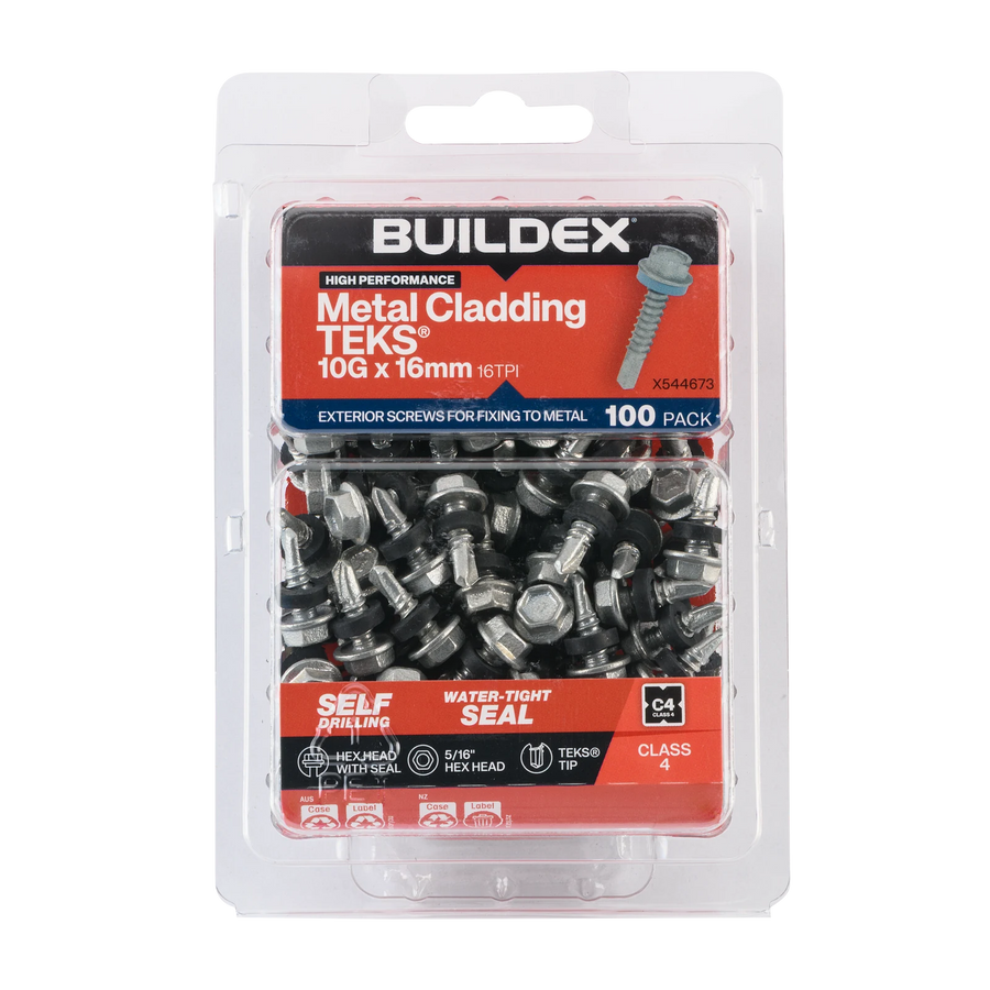 Buildex 10G x 16mm Class 4 Metal Cladding TEKS Screws with Seal, Hex Head - 100 Pack