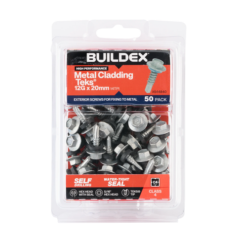 Buildex 12G x 20mm Class 4 Metal Cladding TEKS Screws with Seal, Hex Head - 50 Pack