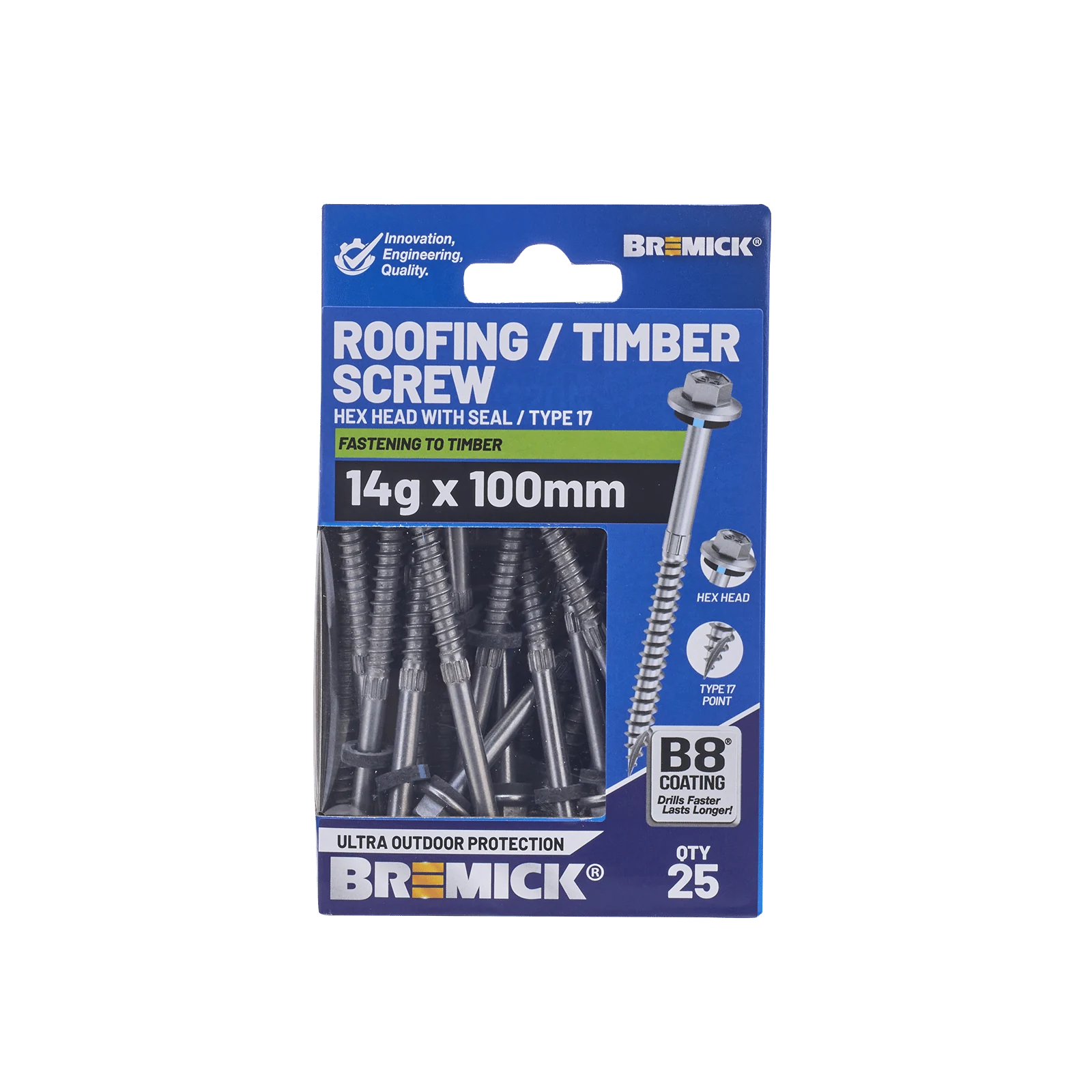 Bremick 14G x 100mm Roofing/Timber Hex Screw with Seal, Type 17 Coarse Thread - 25 Pack