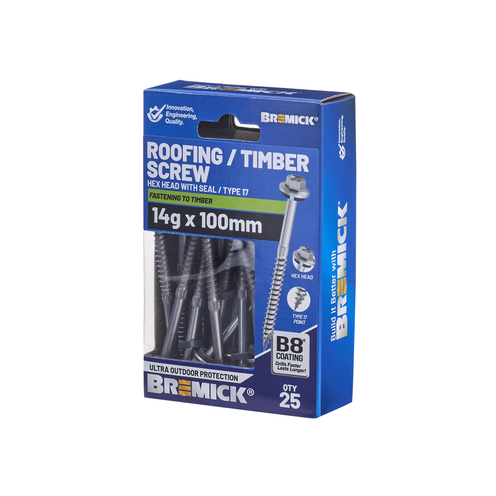 Bremick 14G x 100mm Roofing/Timber Hex Screw with Seal, Type 17 Coarse Thread - 25 Pack