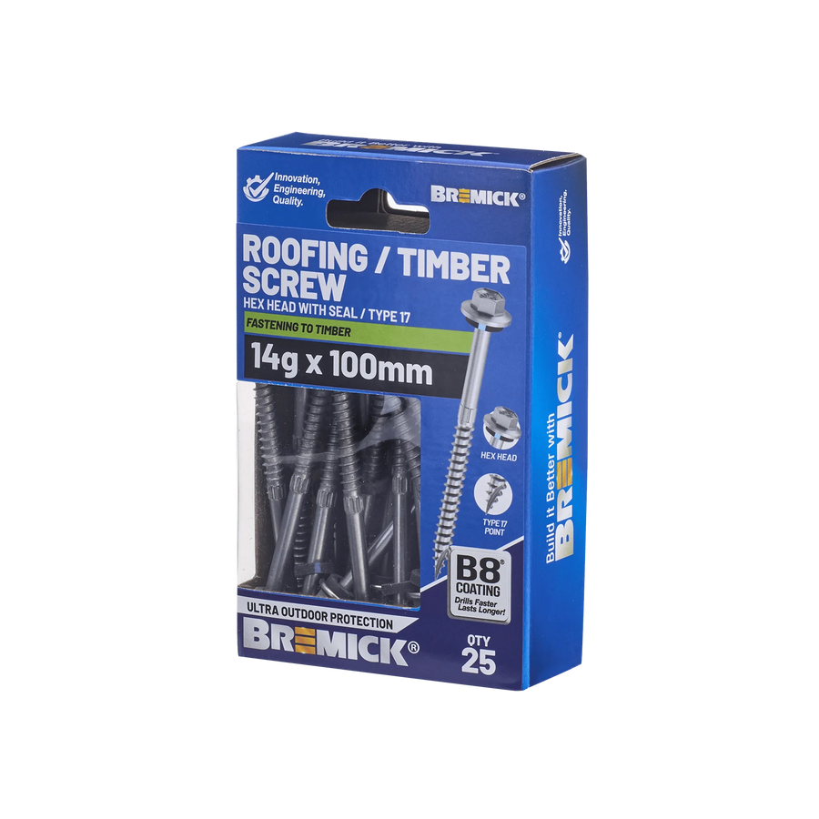 Bremick 14G x 100mm Roofing/Timber Hex Screw with Seal, Type 17 Coarse Thread - 25 Pack