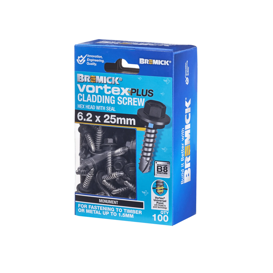 Bremick 6.2 x 25mm Vortex Plus Cladding Screw with Seal, Monument Hex Head - 100 Box