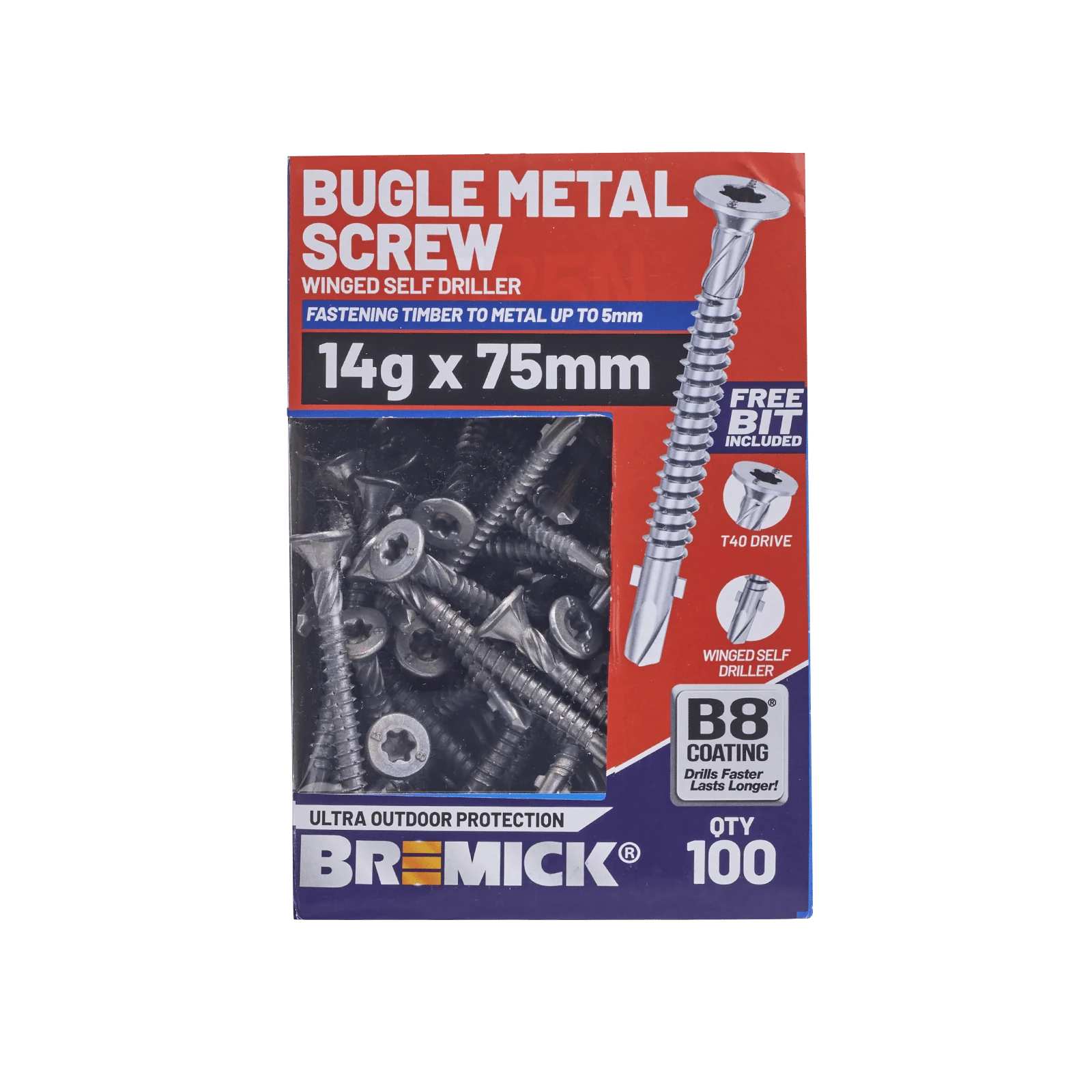 Bremick 14G x 75mm Metal Bugle Screw, T40 Winged Drill Point Fine Thread - 100 Pack