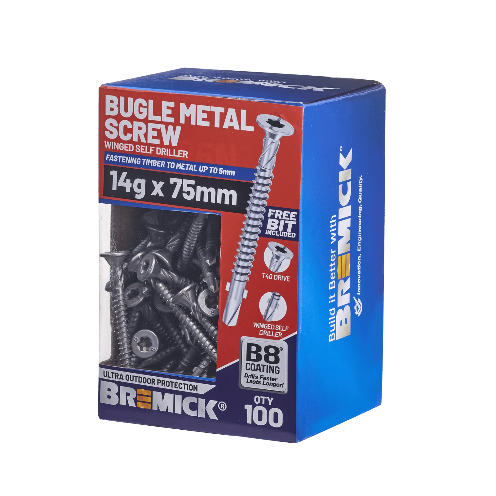 Bremick 14G x 75mm Metal Bugle Screw, T40 Winged Drill Point Fine Thread - 100 Pack