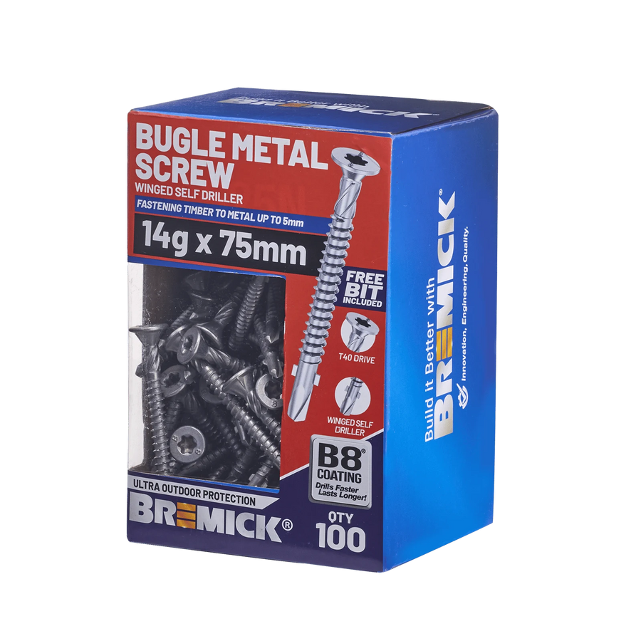 Bremick 14G x 75mm Metal Bugle Screw, T40 Winged Drill Point Fine Thread - 100 Pack