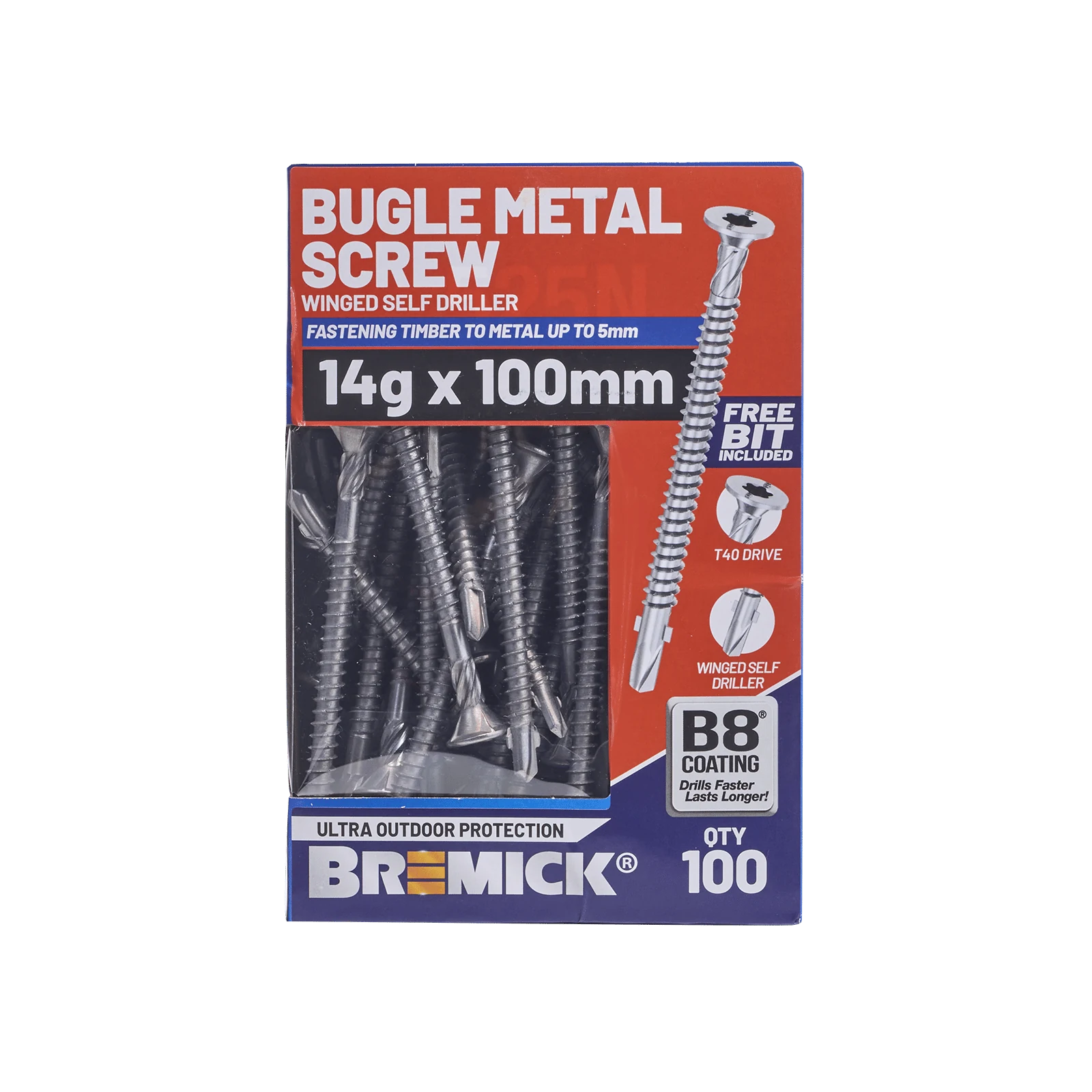 Bremick 14G x 100mm Metal Bugle Screw, T40 Winged Drill Point Fine Thread - 100 Pack