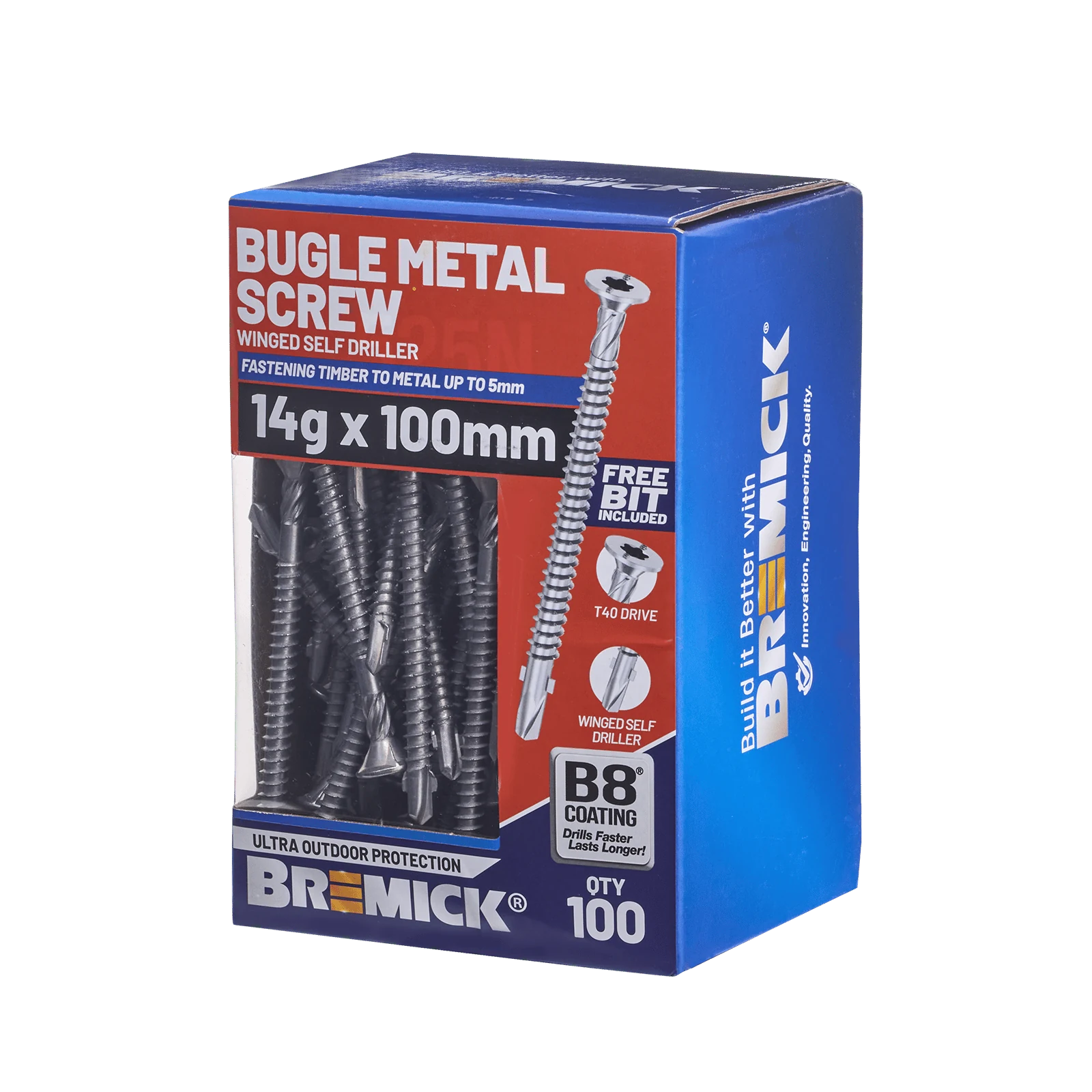 Bremick 14G x 100mm Metal Bugle Screw, T40 Winged Drill Point Fine Thread - 100 Pack
