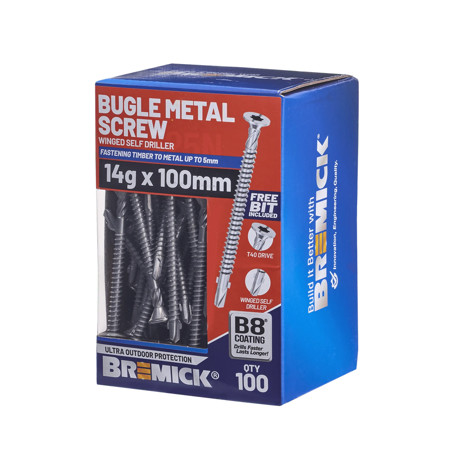 Bremick 14G x 100mm Metal Bugle Screw, T40 Winged Drill Point Fine Thread - 100 Pack