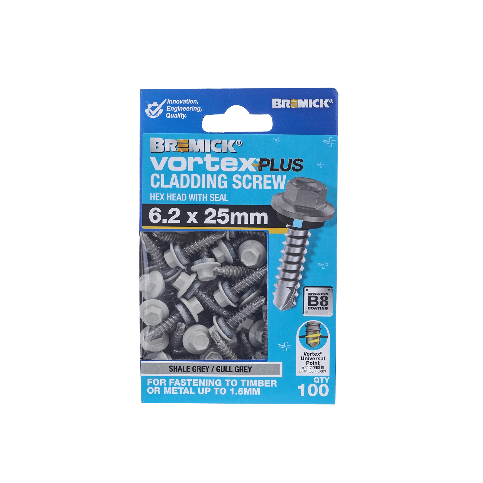 Bremick Vortex Plus 6.2 x 25mm Hex Cladding Screws B8 Shale Grey - 100 Pack