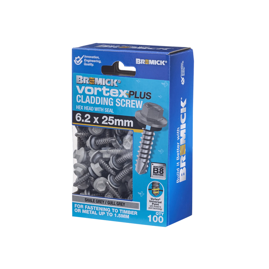 Bremick Vortex Plus 6.2 x 25mm Hex Cladding Screws B8 Shale Grey - 100 Pack