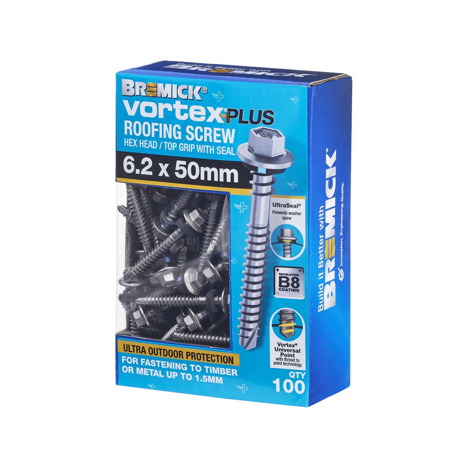 Bremick 6.2 x 50mm Vortex Plus Roofing Screw with Seal, Hex Head Fine Thread - 100 Box