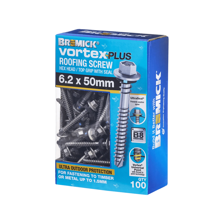 Bremick 6.2 x 50mm Vortex Plus Roofing Screw with Seal, Hex Head Fine Thread - 100 Box